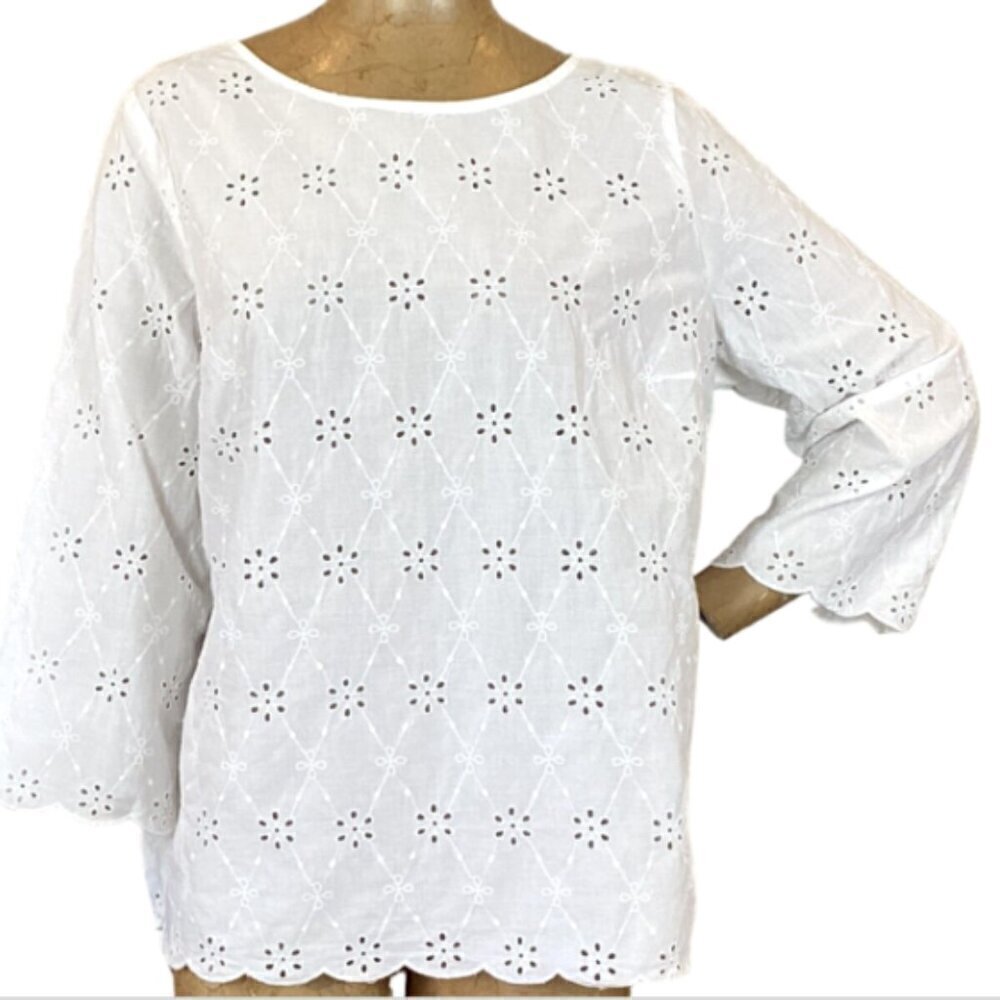 Liz Claiborne White Eyelet Blouse 100% Cotton Scalloped Edges Sz L 280J